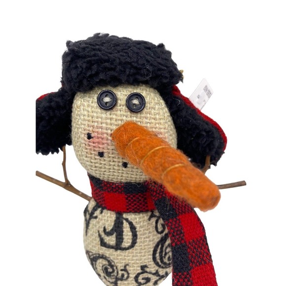 Fur Trapper Hat Snowman Stuffed Plush Christmas Ornament Country French Script - Picture 3 of 8